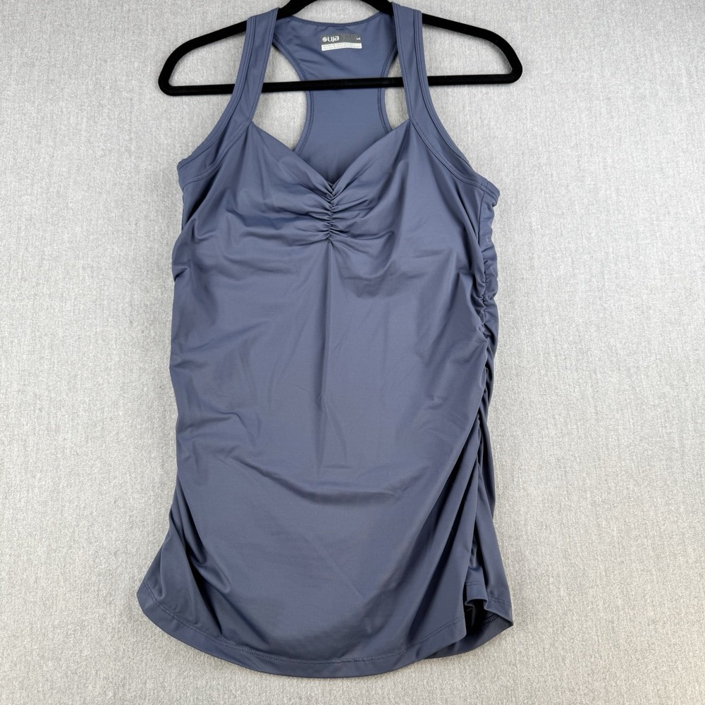 Lija Tankini Top Womens Large Blue Gray Racerback Ruched Swim Athletic